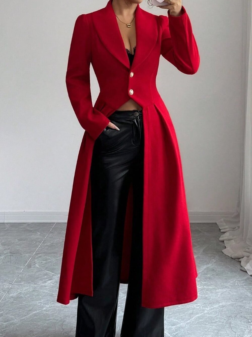 Red Elegant Women's Cinched Waist Front Slit Maxi A-Line Coat
